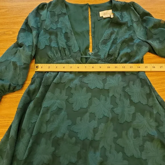 Anthropologie Jacquard Tunic Dress Green Teal Puff Sleeve Size 2P - Picture 7 of 11